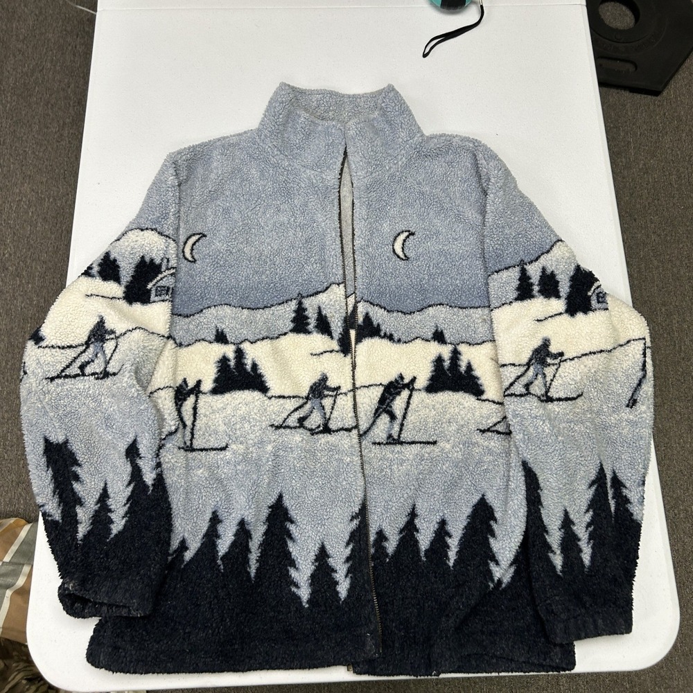 Unbranded Fleece Jacket Mens L Blue Scenic Winter Ski Mountain Sherpa Zip Up